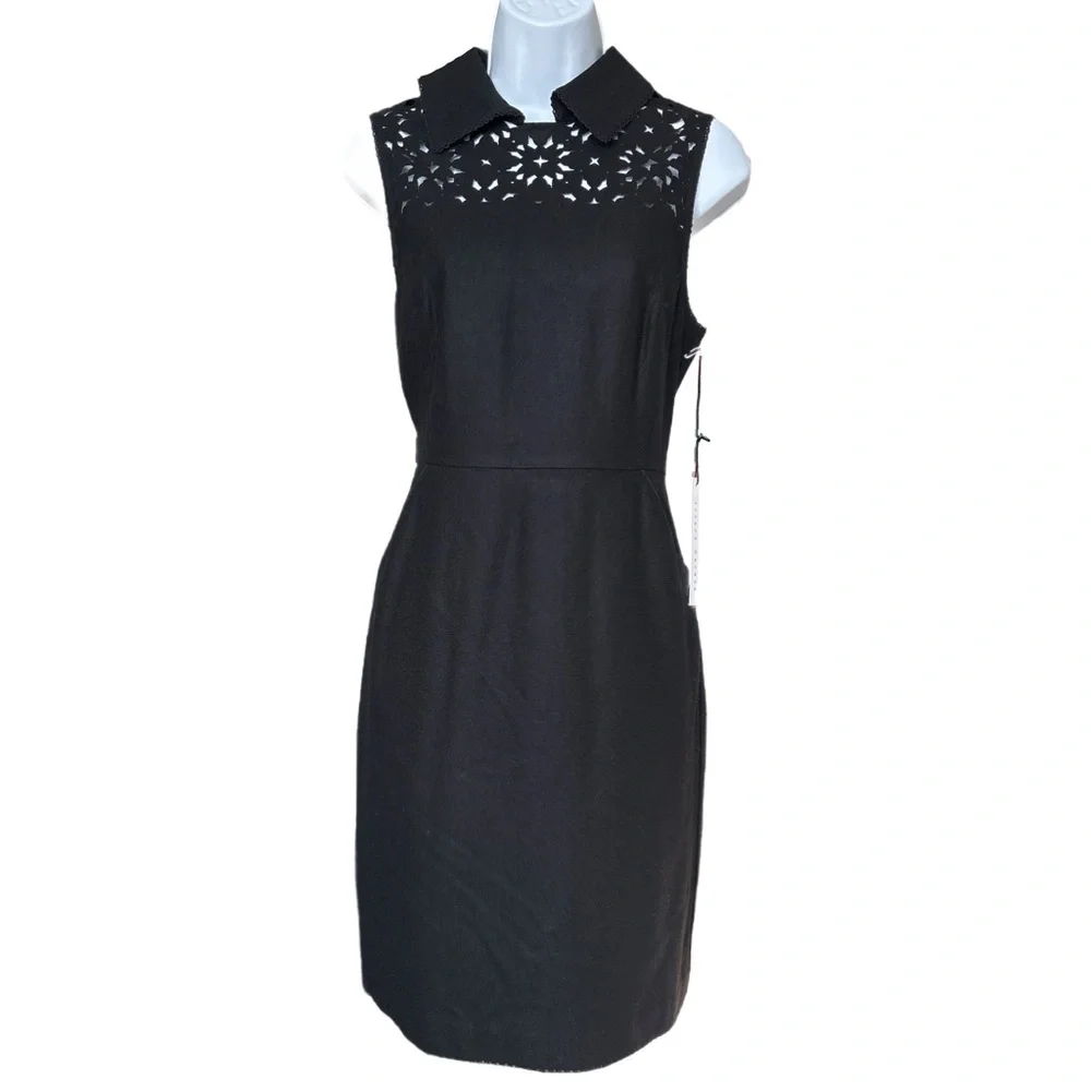 Susana Monaco | Black Wool Midi Dress with Pockets and Lace Collar Detail - Picture 2 of 7